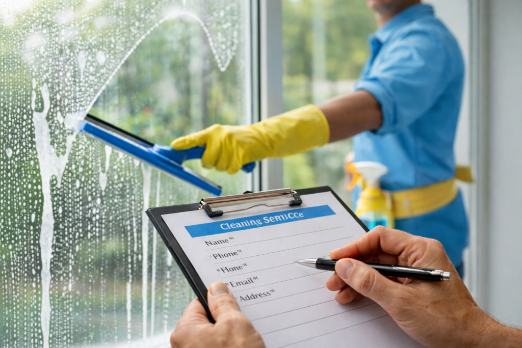 Professional window cleaner washing exterior glass